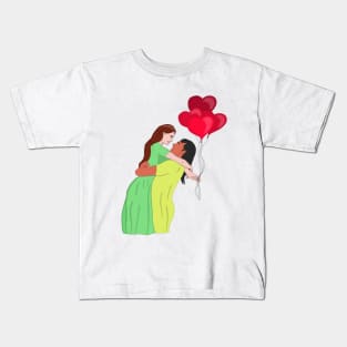 Women Couple Hugging While Holding Heart Shaped Balloons Kids T-Shirt